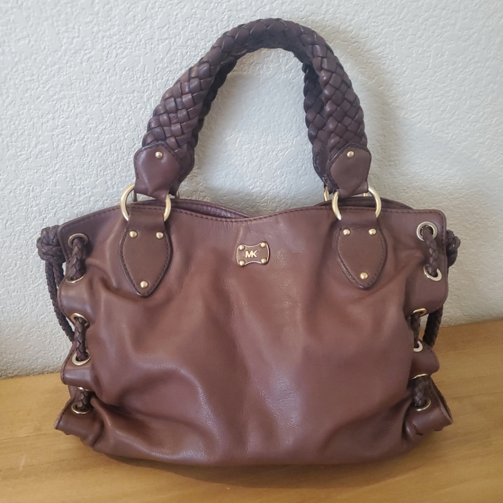 Michael Kors Handbag Leather Satchel  MK Brown Braided Handle Tote Vintage